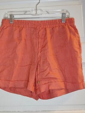 Ellen Tracy Linen Shorts Womens Small Coral Orange Elastic Waist Pull On Summer